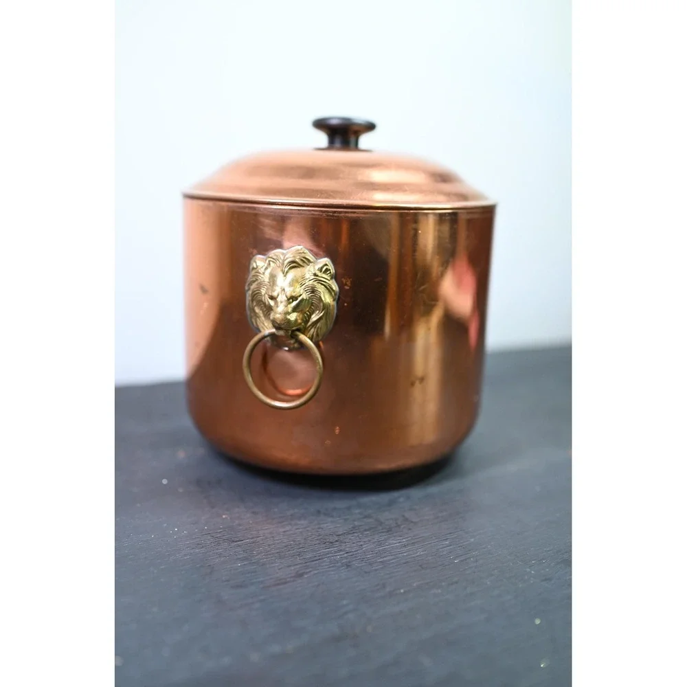 Vintage Copper Lions Head Handle Pot with Lid Decorative Planter Ice Bucket